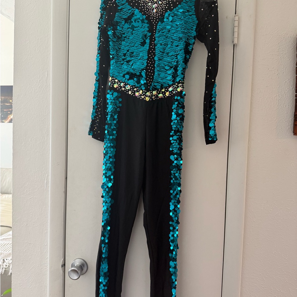 Glamour Black Jumpsuit with Teal Sequin Accents - Picture 2 of 6